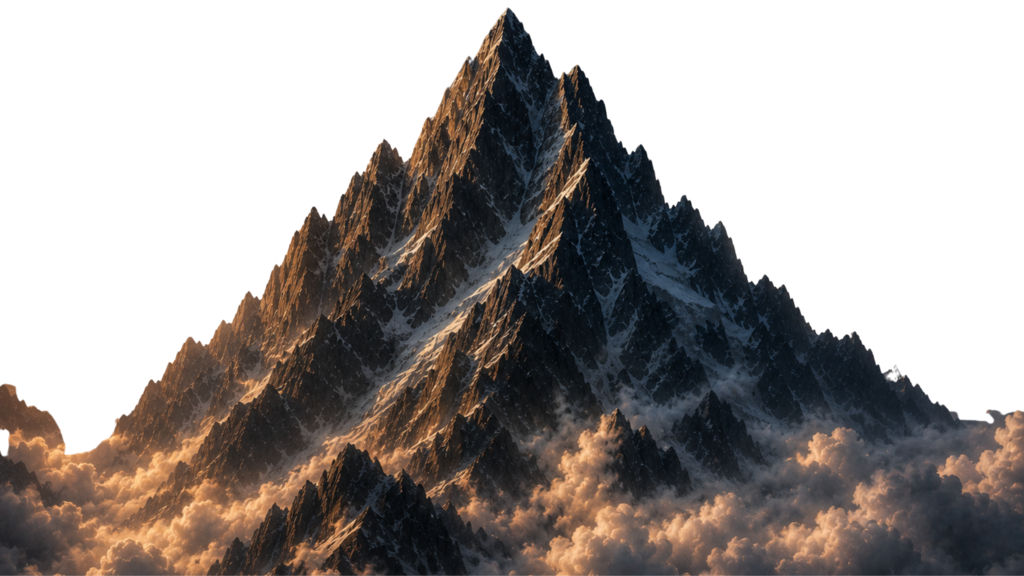 A towering snow-covered mountain rises above a sea of clouds at sunrise, illuminated by dramatic golden light beneath a storm-filled sky.