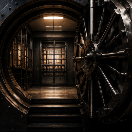 A massive steel vault door stands open, revealing a secure archive beyond, symbolizing the protection and preservation of original ideas and stories.
