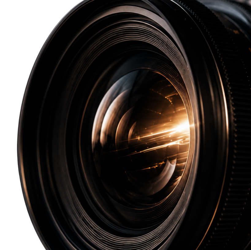 A close-up of a professional cinema camera lens reflecting warm light, symbolizing visual storytelling and filmmaking.