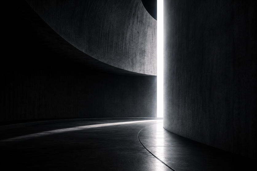 A minimalist curved concrete corridor with dramatic natural light creating a cinematic atmosphere of mystery and possibility.